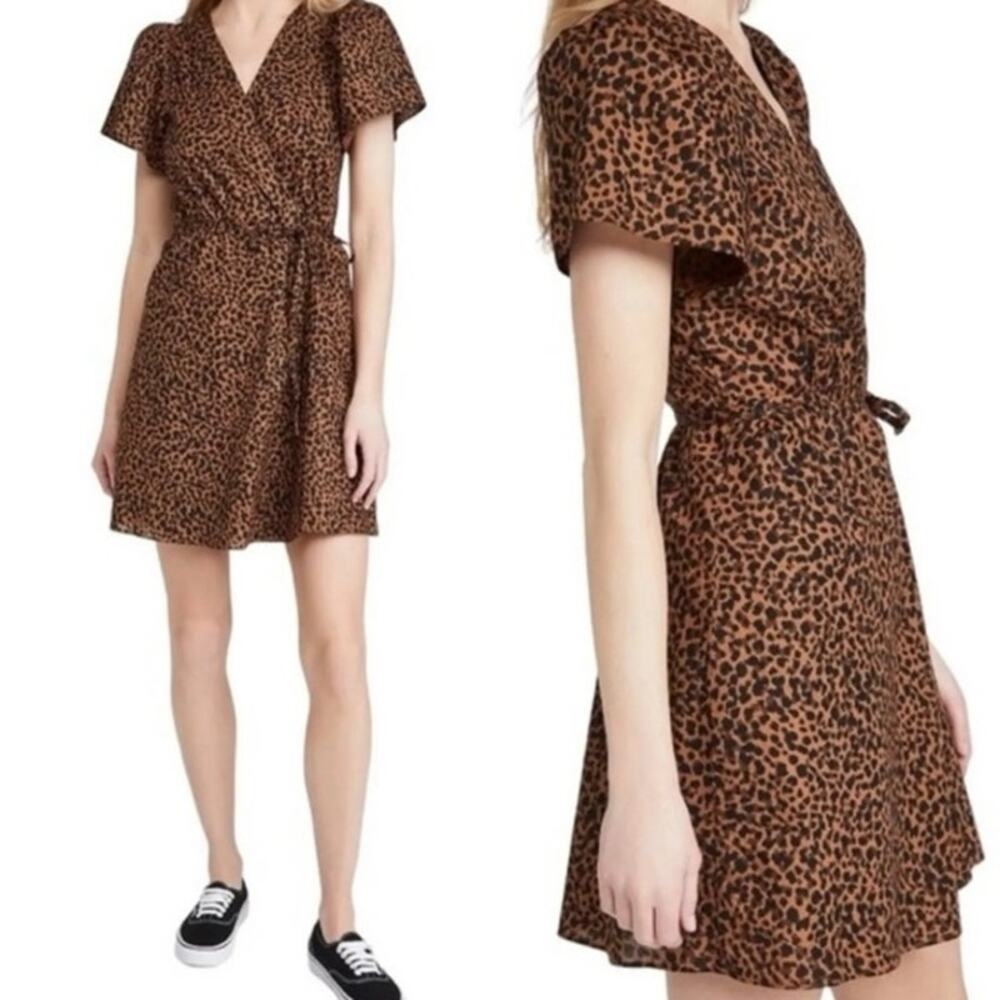 Madewell Wrap Mini Dress Painted Animal Print Flutter Sleeve Brown Black Sz S